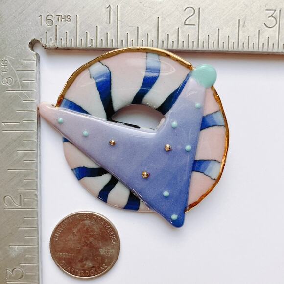 VTG 1980s Ceramic Enamel Geometric Postmodern Brooch Memphis Style - Picture 9 of 11